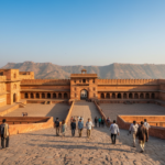 Travelers walking along the sunlit stone pathways of Amer Fort in Jaipur under clear autumn skies.