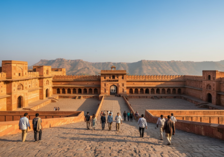 Travelers walking along the sunlit stone pathways of Amer Fort in Jaipur under clear autumn skies.