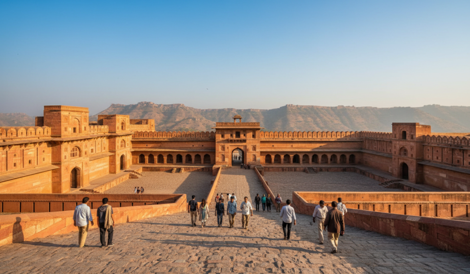 When to Visit Golden Triangle India: Best Month & Weather Guide Travelers walking along the sunlit stone pathways of Amer Fort in Jaipur under clear autumn skies.