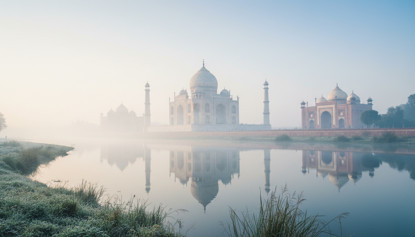 When to Visit Golden Triangle India: Best Month & Weather Guide 1 The Taj Mahal emerging from heavy morning winter fog with mist rising off the Yamuna River at 9 AM.