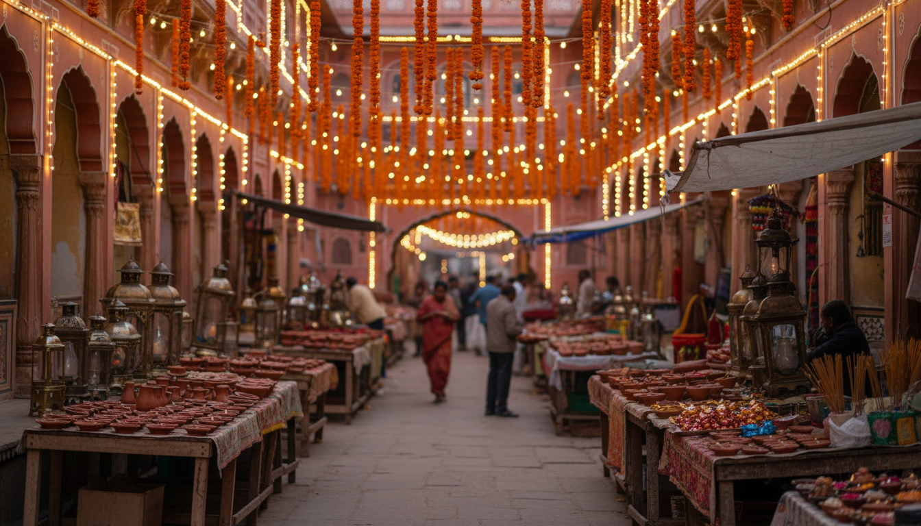 When to Visit Golden Triangle India: Best Month & Weather Guide 2 A historic market street in Jaipur decorated with marigold garlands and warm lanterns for Diwali evening.