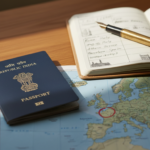 Dark blue Indian passport resting on a wooden desk beside an open travel journal and a European map.