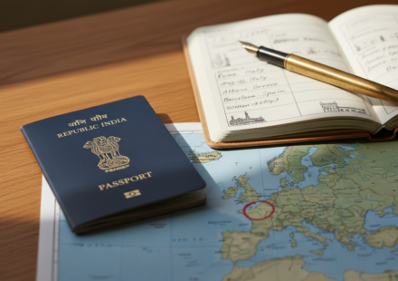Dark blue Indian passport resting on a wooden desk beside an open travel journal and a European map.