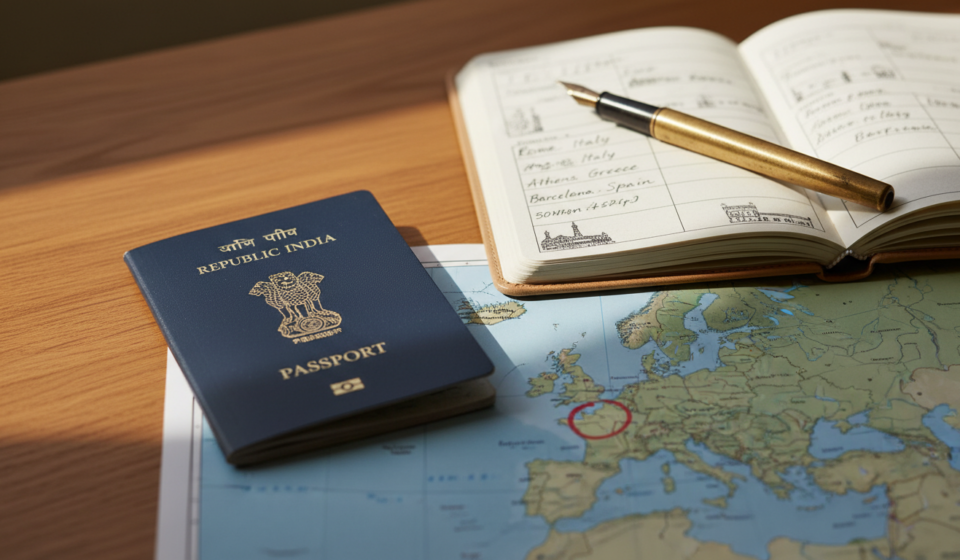 Dark blue Indian passport resting on a wooden desk beside an open travel journal and a European map.