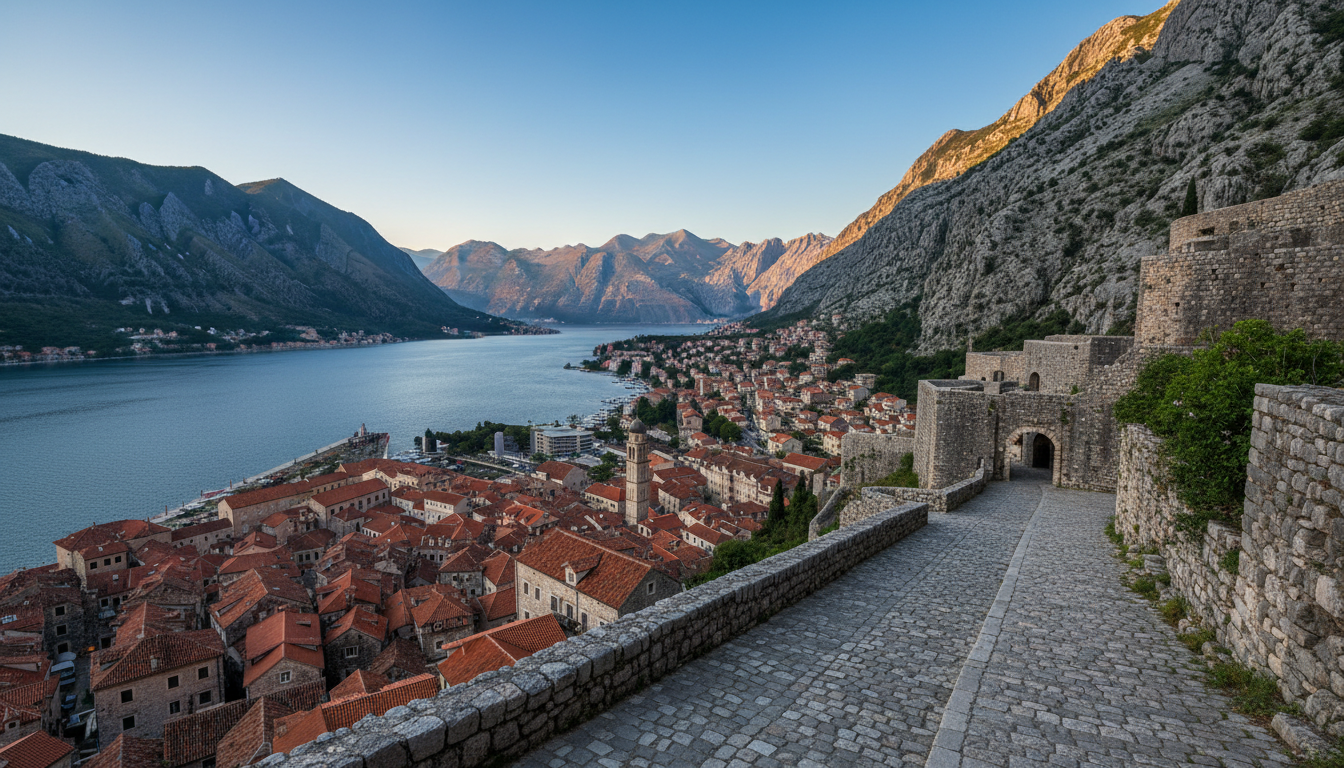 Historic town of Kotor with red-tiled roofs nestled between steep mountains and a blue bay in Montenegro.