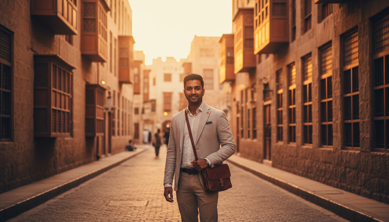 A traveler exploring historic coral-stone alleyways with wooden balconies in Al-Balad, Jeddah.