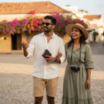 An Indian couple stands in a sunlit historic Latin American plaza with colorful colonial buildings in the background.