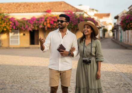An Indian couple stands in a sunlit historic Latin American plaza with colorful colonial buildings in the background.
