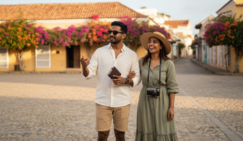 An Indian couple stands in a sunlit historic Latin American plaza with colorful colonial buildings in the background.