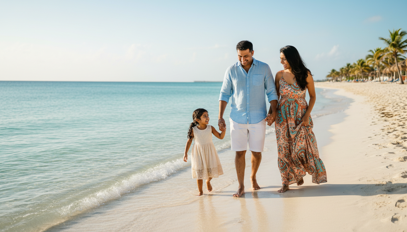 An Indian family walks along a white sand beach with turquoise water in Cancun, Mexico.