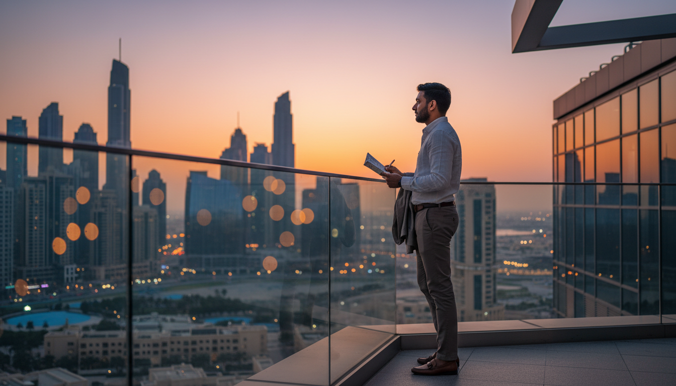 An Indian traveler looks out over the modern Dubai skyline during a warm golden sunset.