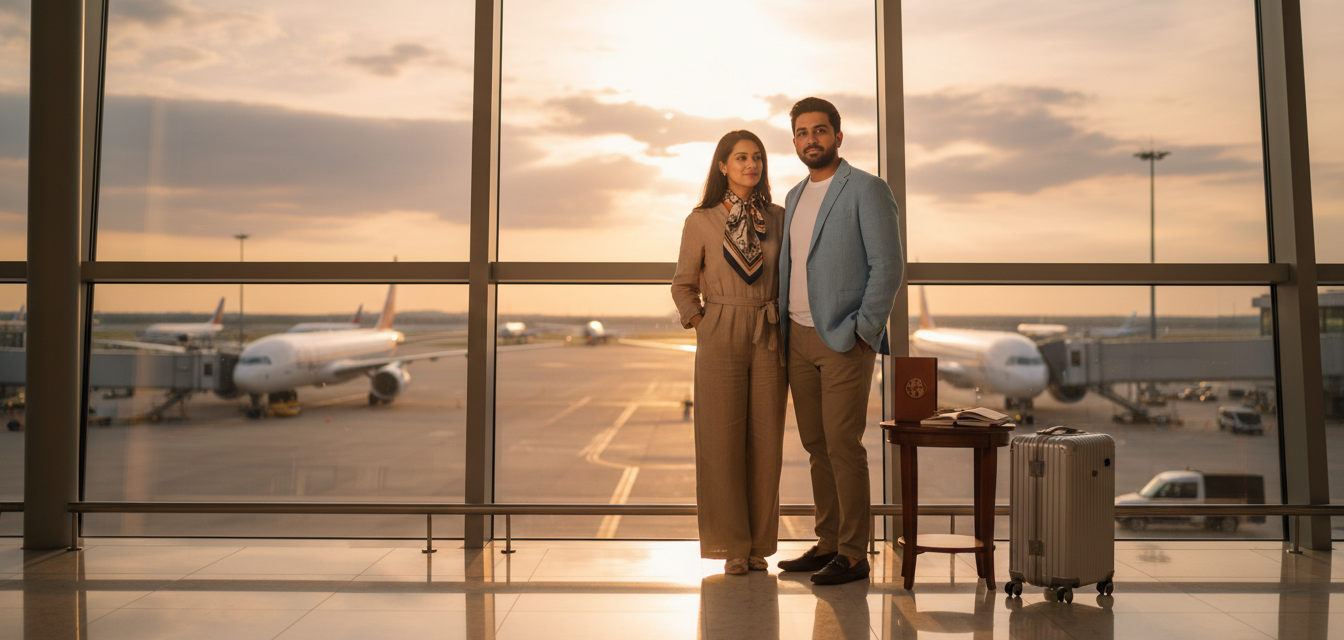 An Indian couple in an airport lounge looking out modern floor-to-ceiling windows at airplanes on the tarmac.