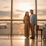An Indian couple in an airport lounge looking out modern floor-to-ceiling windows at airplanes on the tarmac.