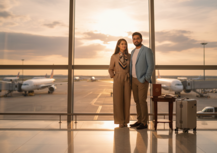 An Indian couple in an airport lounge looking out modern floor-to-ceiling windows at airplanes on the tarmac.