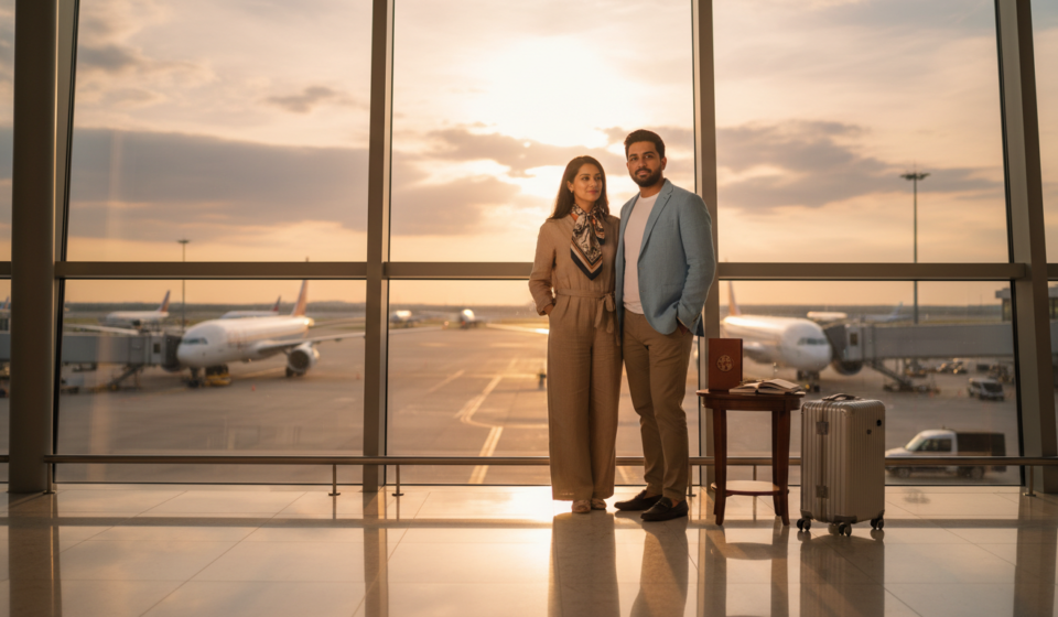 World Tour Packages from India: Price List & Complete Guide An Indian couple in an airport lounge looking out modern floor-to-ceiling windows at airplanes on the tarmac.