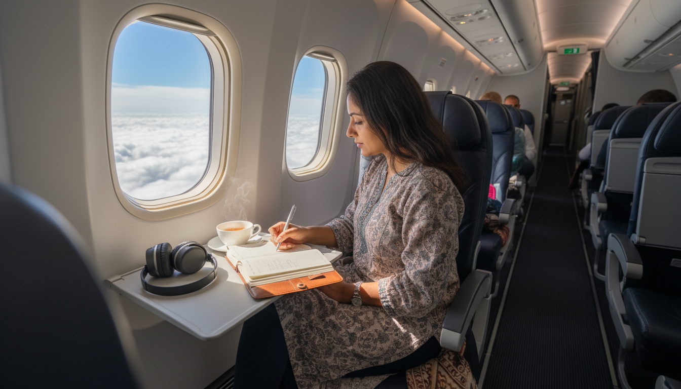 World Tour Packages from India: Price List & Complete Guide 1 Traveler seated by an airplane window viewing white clouds and a clear blue sky during a long-haul flight.