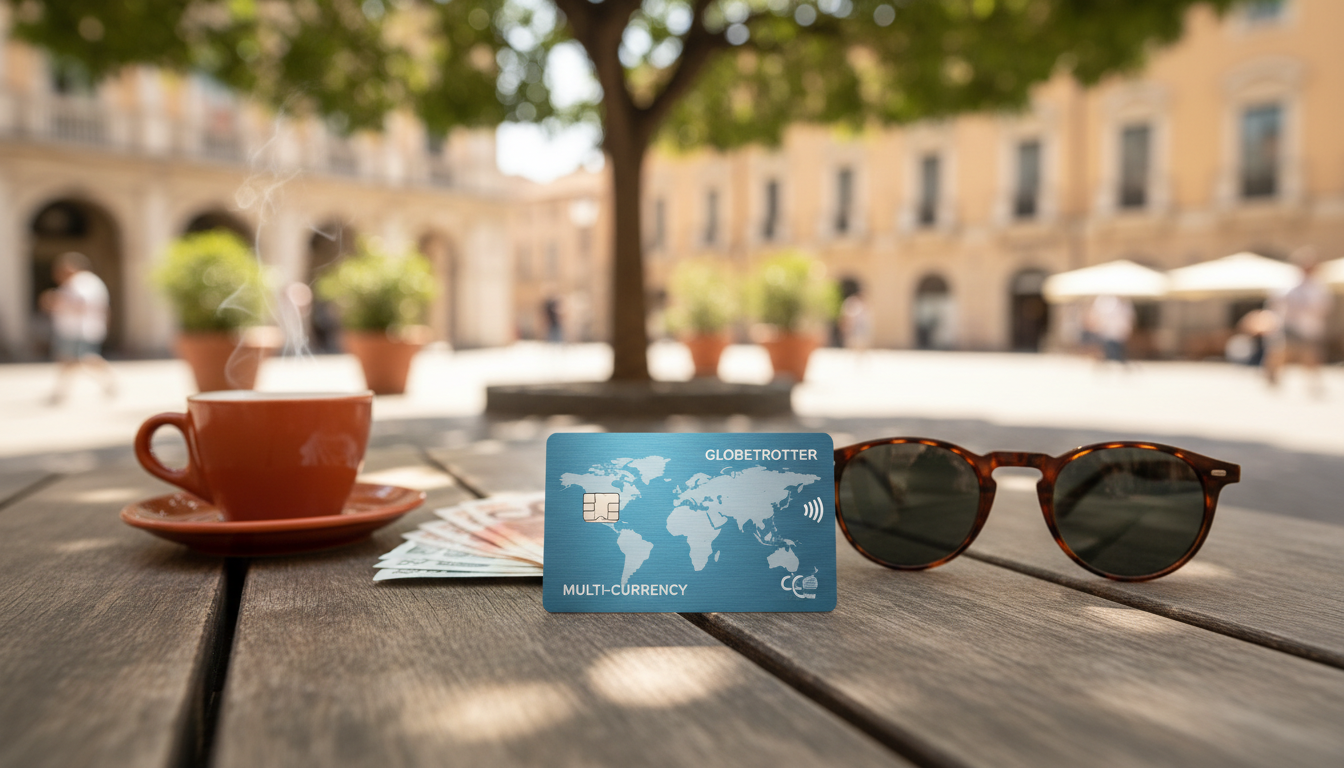 World Tour Packages from India: Price List & Complete Guide 2 A travel card, foreign currency notes, and coffee on a café table in a sunlit outdoor setting.