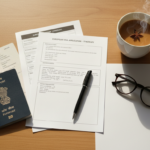 An Indian passport, printed travel itinerary documents, a pen, and a cup of tea arranged neatly on a wooden desk.