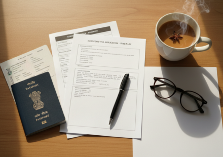 An Indian passport, printed travel itinerary documents, a pen, and a cup of tea arranged neatly on a wooden desk.