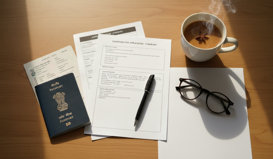 Flight Reservation for Visa: Dummy Ticket Guide for Indians An Indian passport, printed travel itinerary documents, a pen, and a cup of tea arranged neatly on a wooden desk.