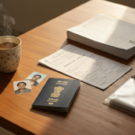 An organized table with a passport, printed travel documents, photos, and a cup of chai in warm morning light.