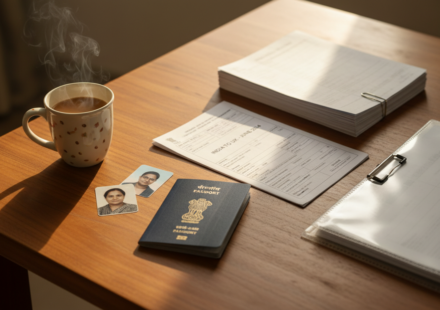An organized table with a passport, printed travel documents, photos, and a cup of chai in warm morning light.