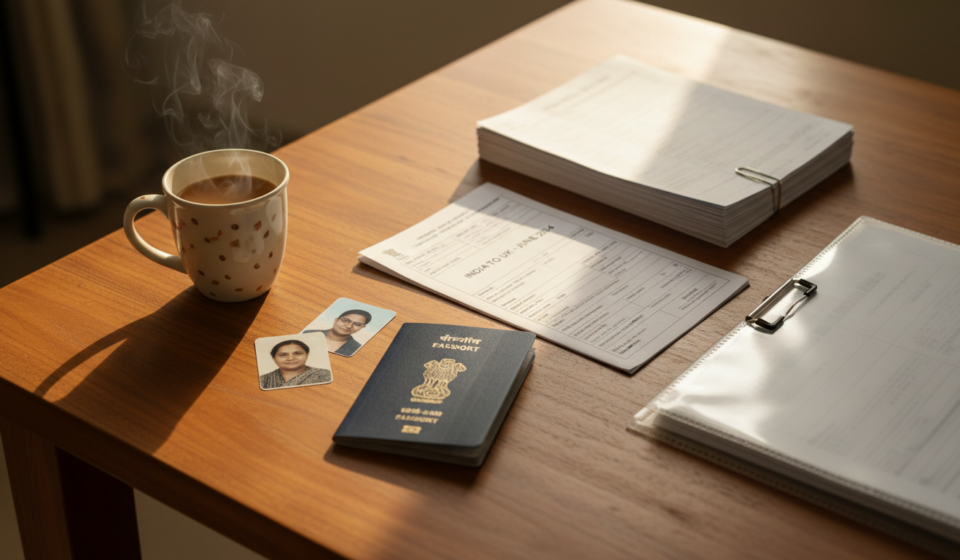 An organized table with a passport, printed travel documents, photos, and a cup of chai in warm morning light.