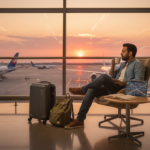A traveler sitting at an airport terminal window with luggage, looking out at parked airplanes at sunset.