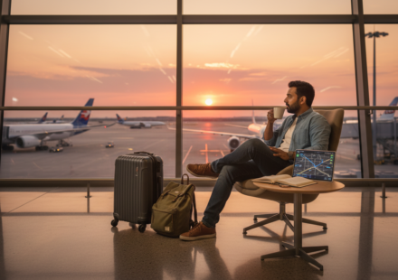 A traveler sitting at an airport terminal window with luggage, looking out at parked airplanes at sunset.