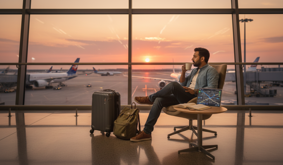 How to Plan a World Tour from India: Visas, Costs & Routes A traveler sitting at an airport terminal window with luggage, looking out at parked airplanes at sunset.