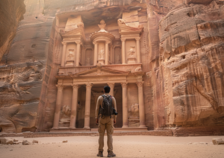Traveler standing in the sandstone Siq canyon looking towards the ancient Treasury in Petra, Jordan.