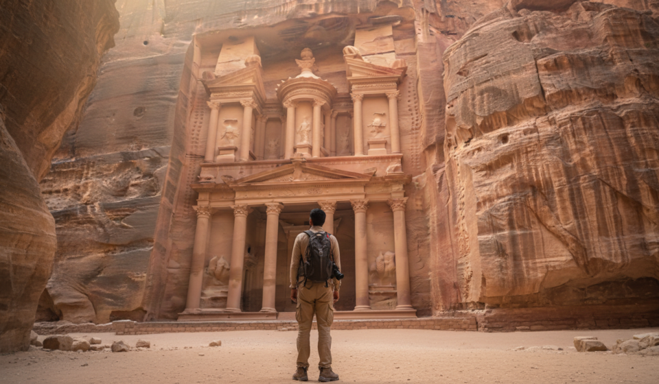 Traveler standing in the sandstone Siq canyon looking towards the ancient Treasury in Petra, Jordan.