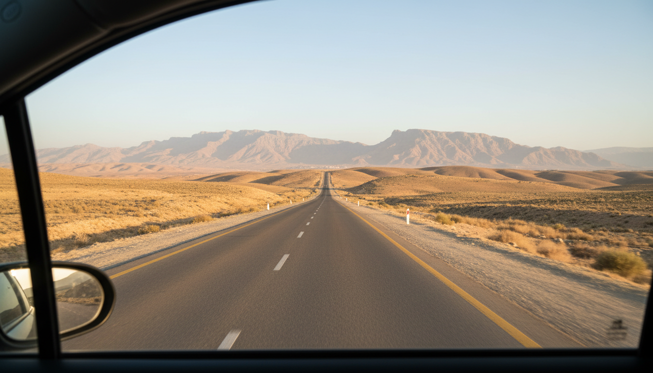 A modern highway winding through the arid desert hills of northern Jordan under a clear blue sky.