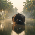 A traditional wooden houseboat cruising on a palm-fringed backwater canal in Kerala during early morning.