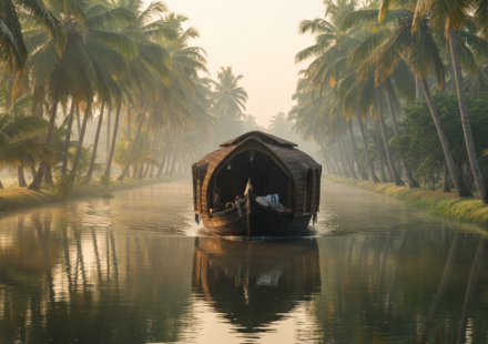 A traditional wooden houseboat cruising on a palm-fringed backwater canal in Kerala during early morning.