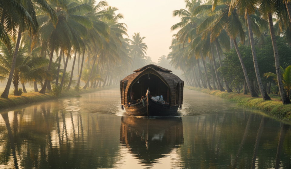 A traditional wooden houseboat cruising on a palm-fringed backwater canal in Kerala during early morning.