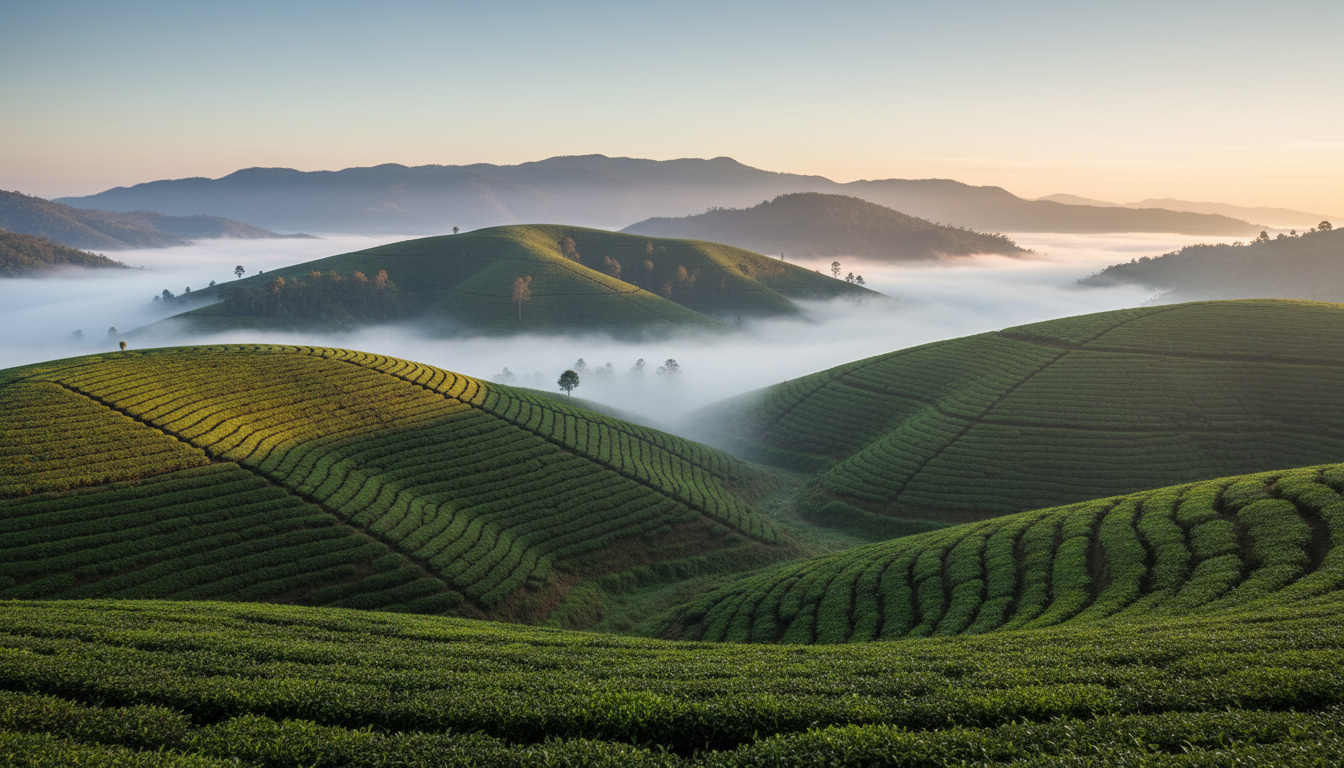 Lush green tea plantation hills in Munnar covered in morning mist under bright daylight.