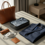 Flat lay of executive travel essentials including a navy blazer, packing cubes, tech adapters, and leather bags.