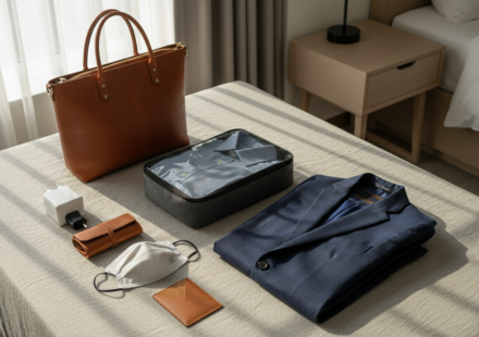 Flat lay of executive travel essentials including a navy blazer, packing cubes, tech adapters, and leather bags.