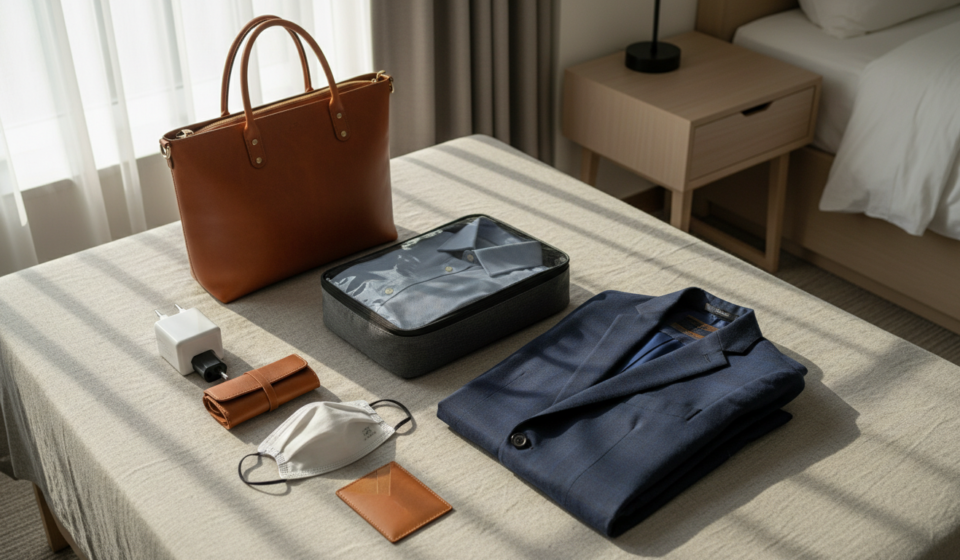 Flat lay of executive travel essentials including a navy blazer, packing cubes, tech adapters, and leather bags.