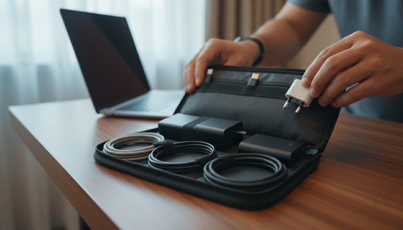 Close-up of hands organizing a GaN charger, power bank, cables, and a Type D adapter into a travel pouch.