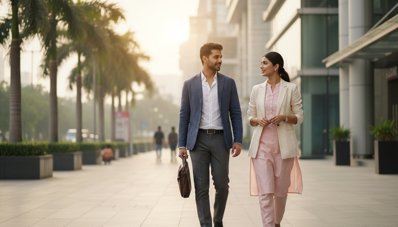 Two business executives in lightweight tailored attire walking outside a modern corporate building in India.