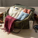 Flat-lay of an open luggage bag filled with layered winter clothes, pashmina shawl, sneakers, and sun protection.