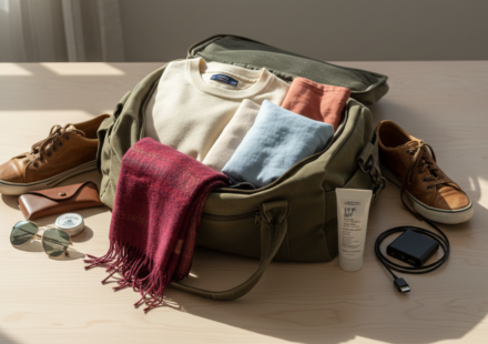 Flat-lay of an open luggage bag filled with layered winter clothes, pashmina shawl, sneakers, and sun protection.