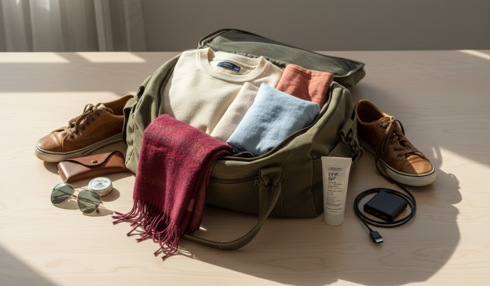 Flat-lay of an open luggage bag filled with layered winter clothes, pashmina shawl, sneakers, and sun protection.