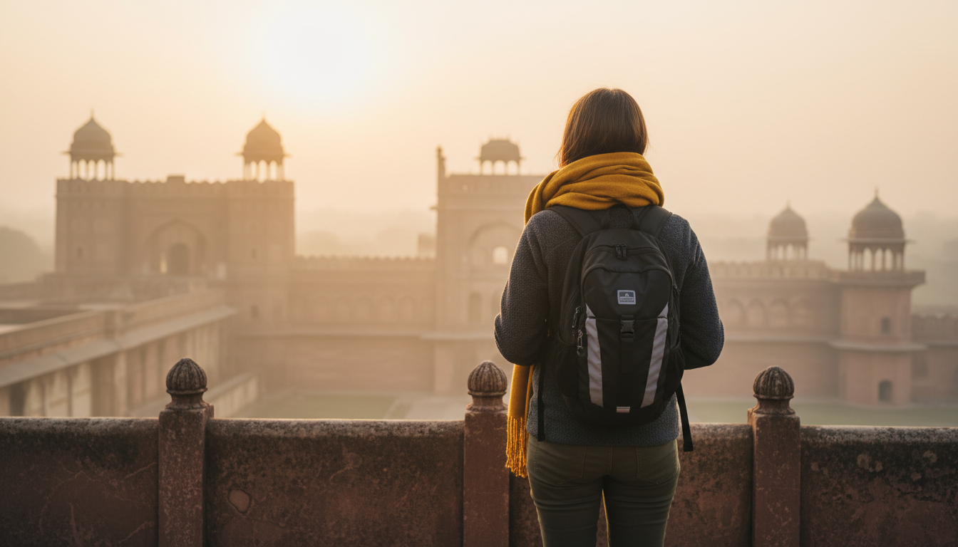 Traveler wearing a fleece jacket and thick woolen scarf looking out at a misty historic fort early in the morning.