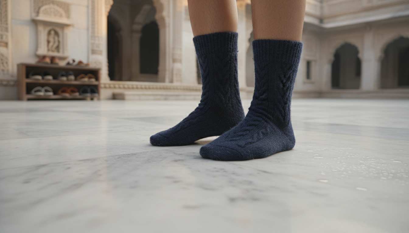 Close-up of a traveler's feet wearing thick wool socks walking on cold white marble temple courtyard floors.