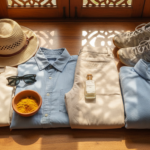Flat-lay of travel gear for India in March, including cotton clothes, safari hat, sunglasses, and dry Holi colors.