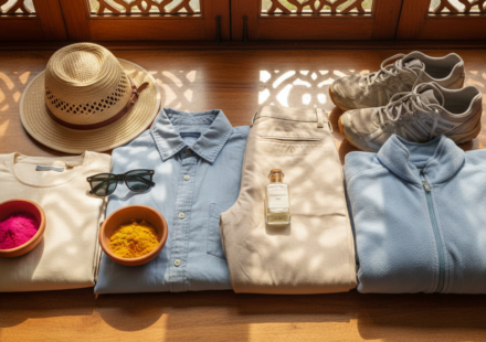 Flat-lay of travel gear for India in March, including cotton clothes, safari hat, sunglasses, and dry Holi colors.