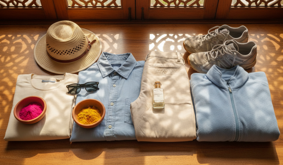 Flat-lay of travel gear for India in March, including cotton clothes, safari hat, sunglasses, and dry Holi colors.